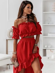 Elegante Ruffle Backless 2 Piece Set para mulheres, Sexy Slash Neck, Puff Sleeve, vestidos casuais sem alças, roupa para senhoras, verão, 2023