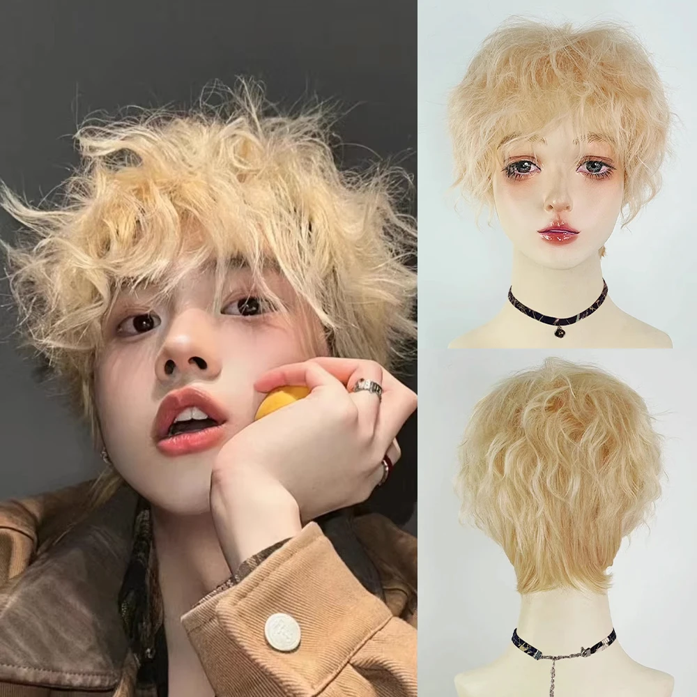 

Synthetic Short Curly Blonde Wigs with Bangs For Men Daily Cosplay Anime Halloween Party Fake Hair Heat Resistant