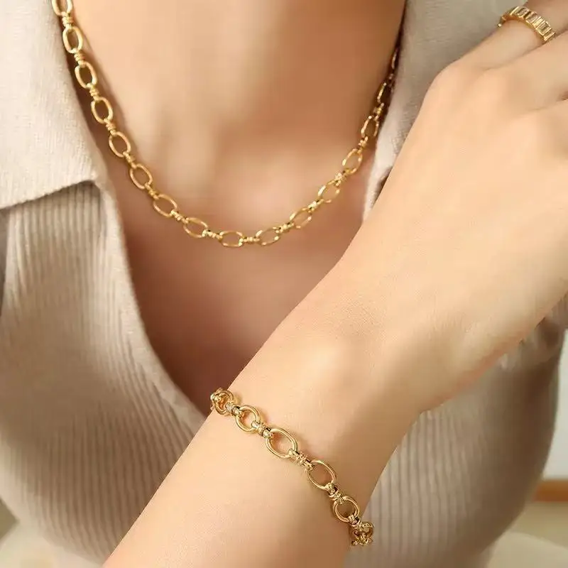 EILIECK 316L Edelstahl Goldfarben Kette Statement Halskette Armband für Damen Charm Einfacher Schmuck Bijoux Schmuckset Geschenk – Detail 10