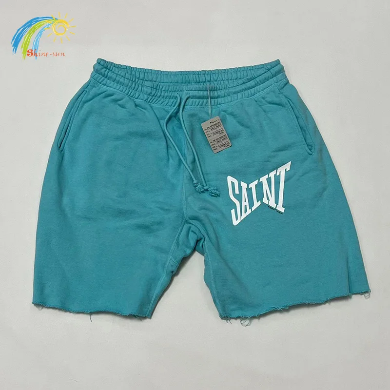 

Men Women Simple Casual Lake Blue Saint Shorts High Quality Cotton Loose Classic Logo Printing Drawstring Drawstring Inside Tags