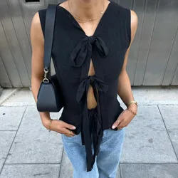 Talenza White Hollow Bandage Vest Top Women's Sexy Slim Sleeveless Vest Fashion Lace-up Patchwork Summer Beach Vacation Vest Top