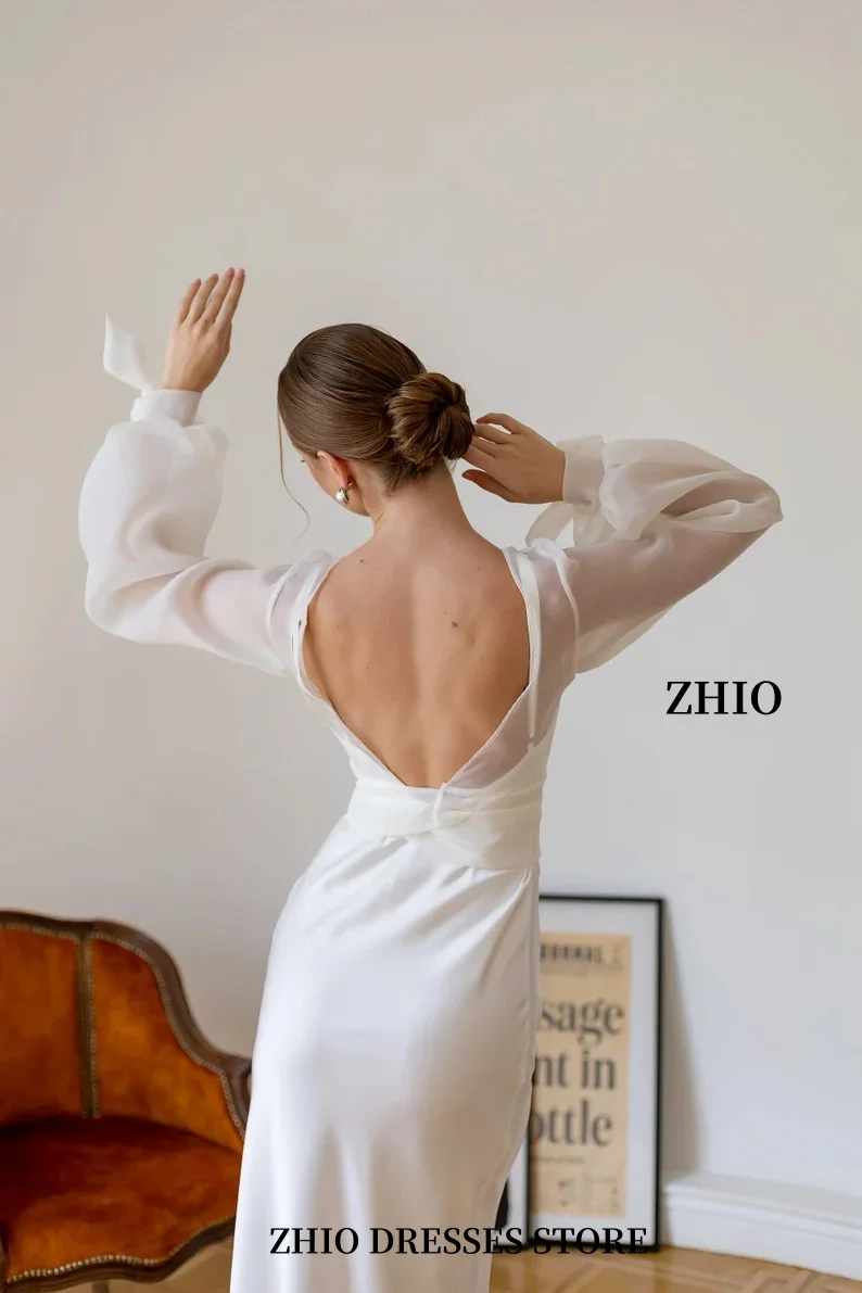 ZHIO Elegante abito da sposa con maniche a sbuffo e maniche lunghe in raso, abito da sposa vintage, lunghezza del pavimento, matrimonio speciale personalizzato