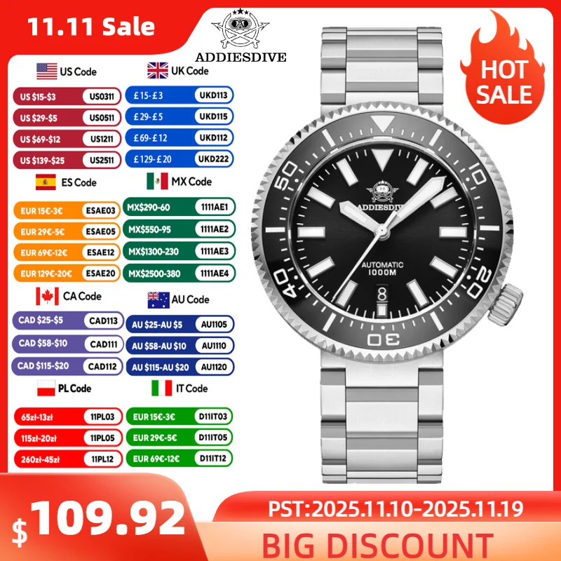 ADDIESDIVE Men's Automatic Watch Sapphire Glass Super Luminous 1000m Waterproof Diver Wristwatch Stainless Steel Men Watches H6
