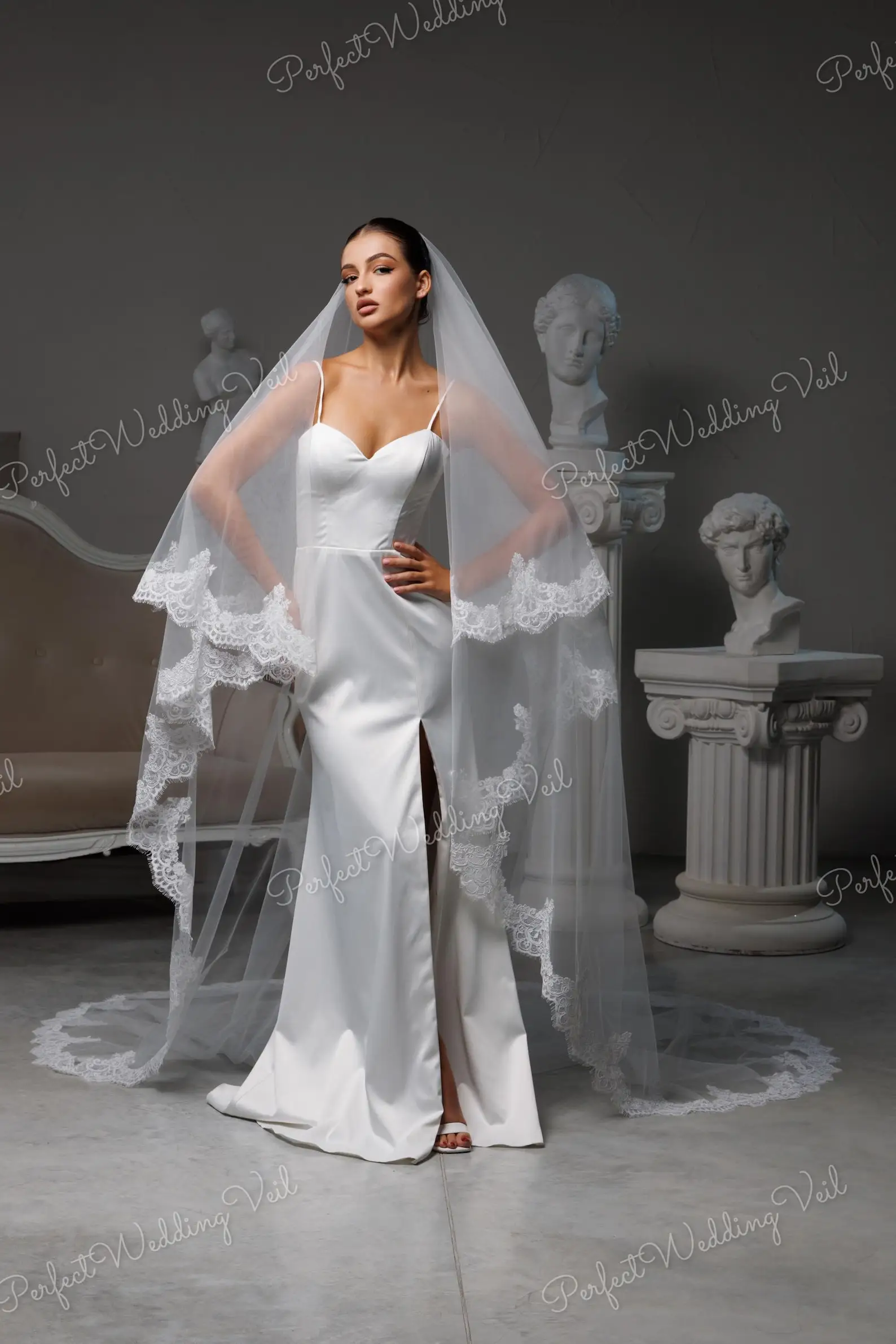 Cathedral Drop Veil with Blusher Lace Trim, Two Tier Soft Tulle Bridal Ivory Double Layer, Romantic Classic Elegant