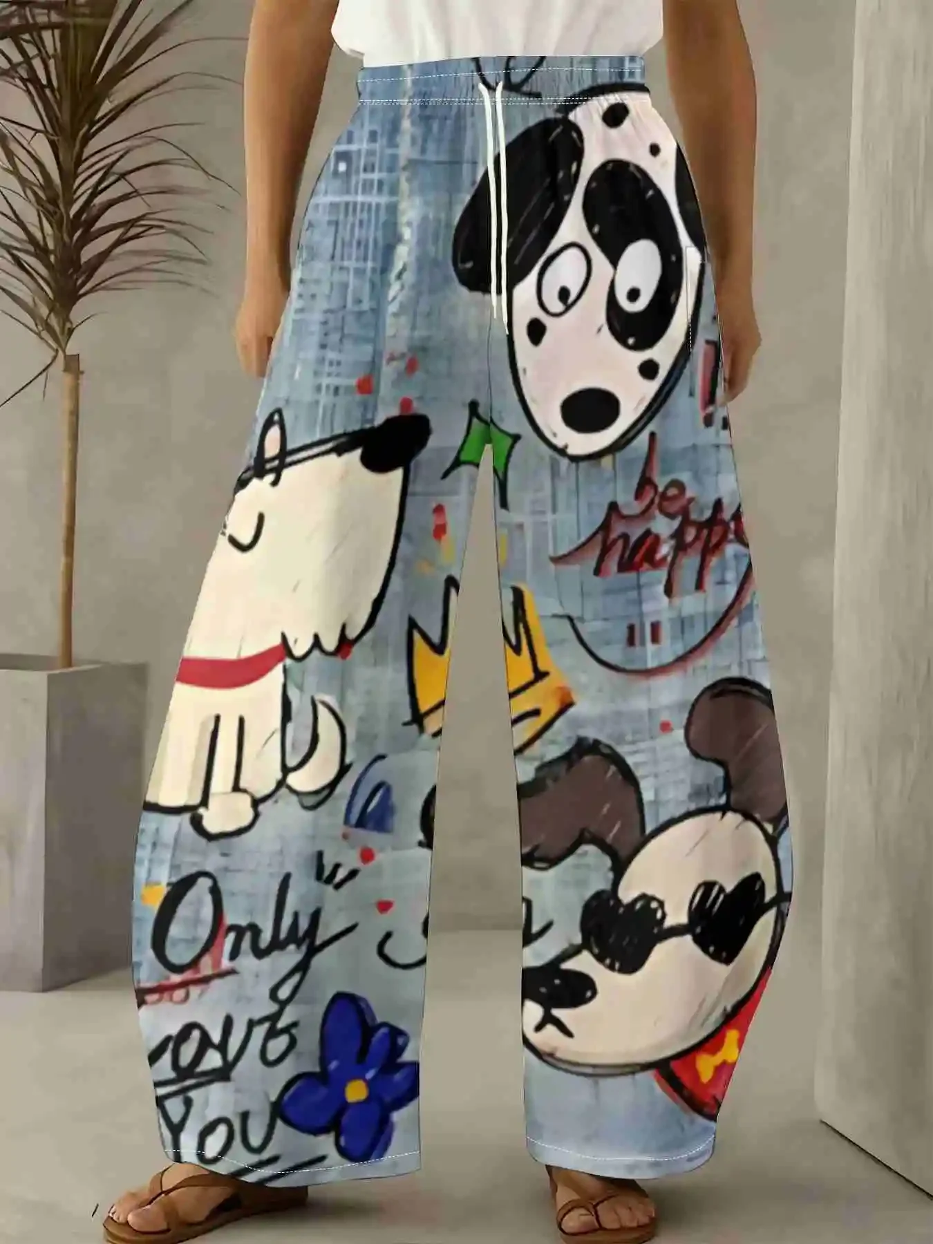 2026 Summer Women's Cute Cartoon Dog Graffiti Print Kids' Pants Elastic Casual Loose Fit Loungewear Trousers Pet Lovers