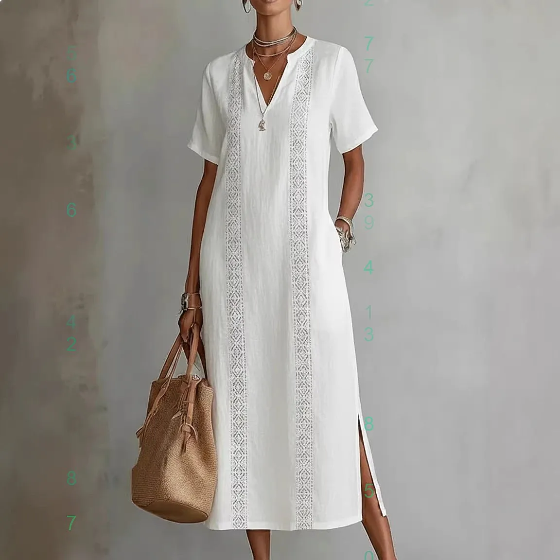 Damen Vintage Spitzenkleid mit V-Ausschnitt, lockeres Baumwoll-Leinen-Kleid, Frühling Sommer, fließendes, lässiges Midikleid