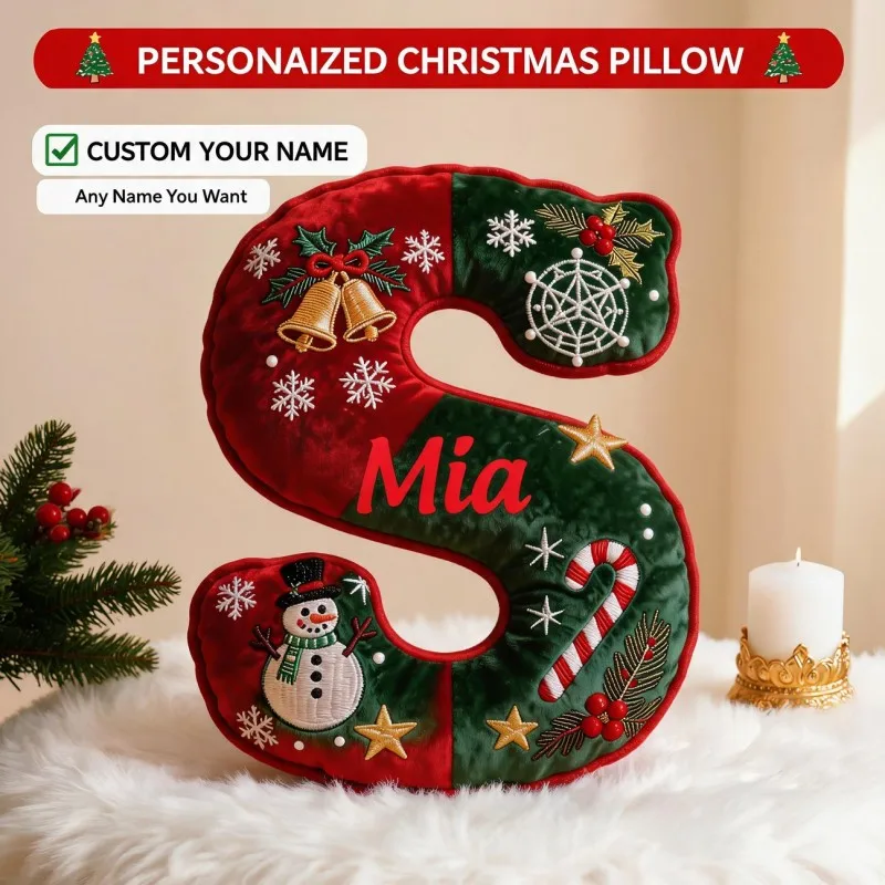 Custom Personalized Photo Letter S Shaped Pillow, Christmas Snowman & Candy Cane Decorative Cushion, Red Green Home Ornament fo