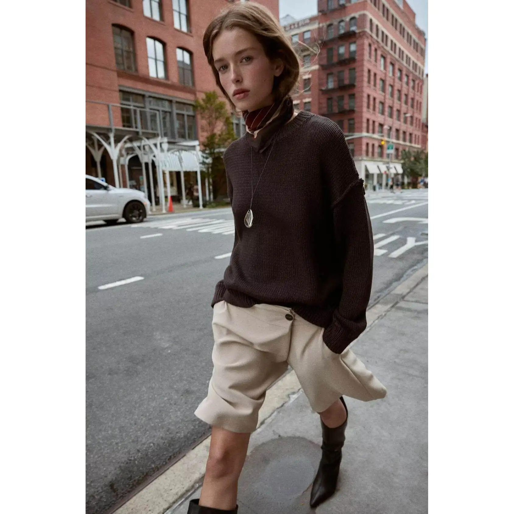 

Lazy Sle Decorative Stitching Knitted Sweater Versatile Retro Anti-Aging Slimming Polyester Fiber Long Sve round Ne Ca...