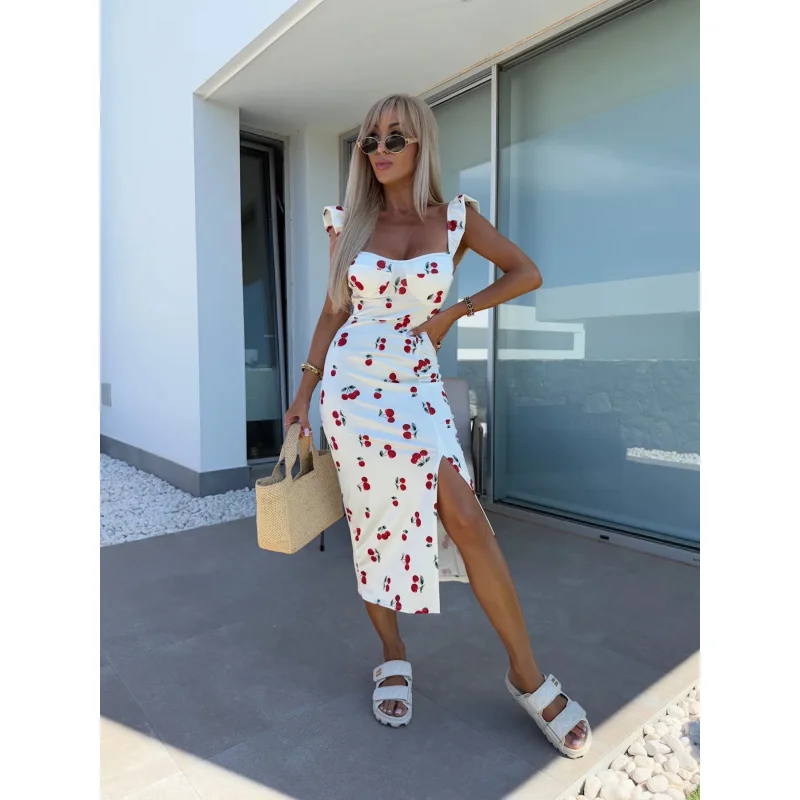 Elegant Floral Midi Dress Women Spaghetti Strap Split Long Dress Fashion High Waist Slim Fit Casual Party Wedding Guest Dress