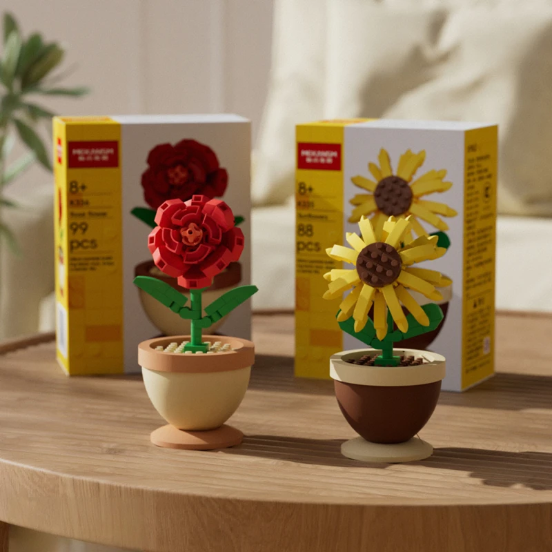 Bausteine, Blumentöpfe, Rosen, Sonnenblumen, Nelken, Mikro-Granulat, Lernspielzeug für Kinder zum Zusammenbauen, Dekorationen – Detail 4