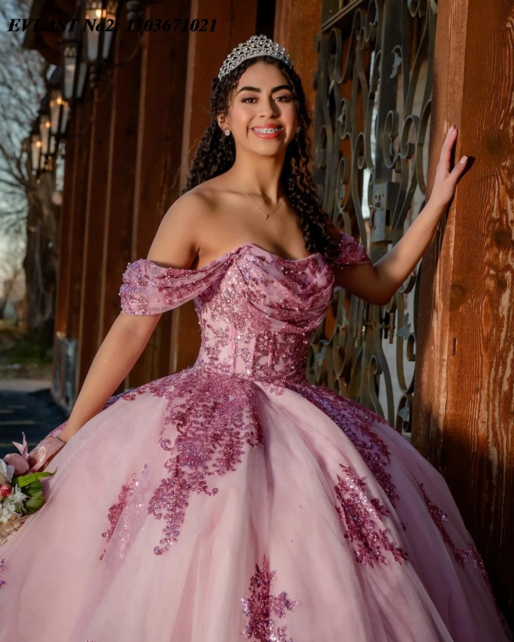 EVLAST Maßgeschneidertes rosa Quinceanera-Kleid, Ballkleid, glänzende Spitze, Perlenstickerei, Pailletten, Korsett, Sweet 16, Vestidos de 15 Anos E2Q09