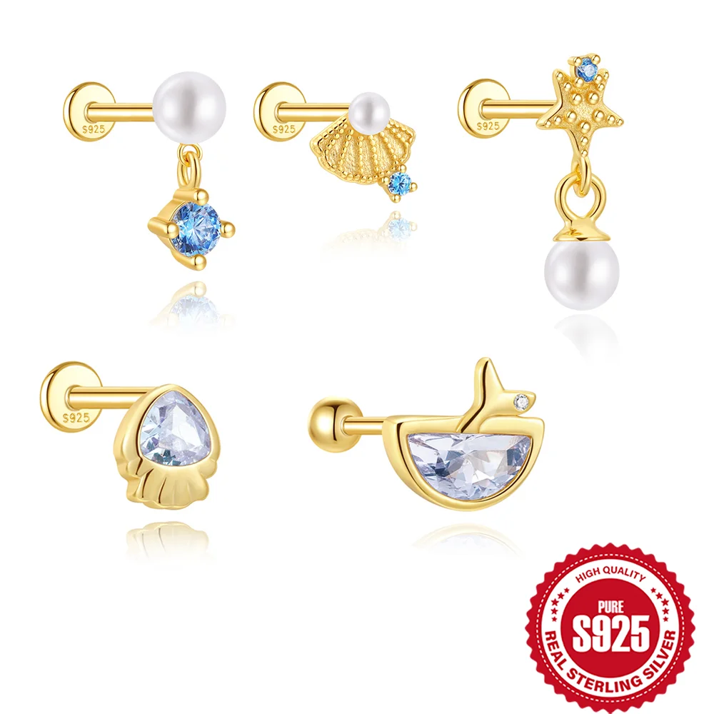 

ROXI 925 Sterling Silver Shells Starfish Pearls For Women Summer Hypoallergenic Earring 3pcs 18K Gold Plata Piercing Earring