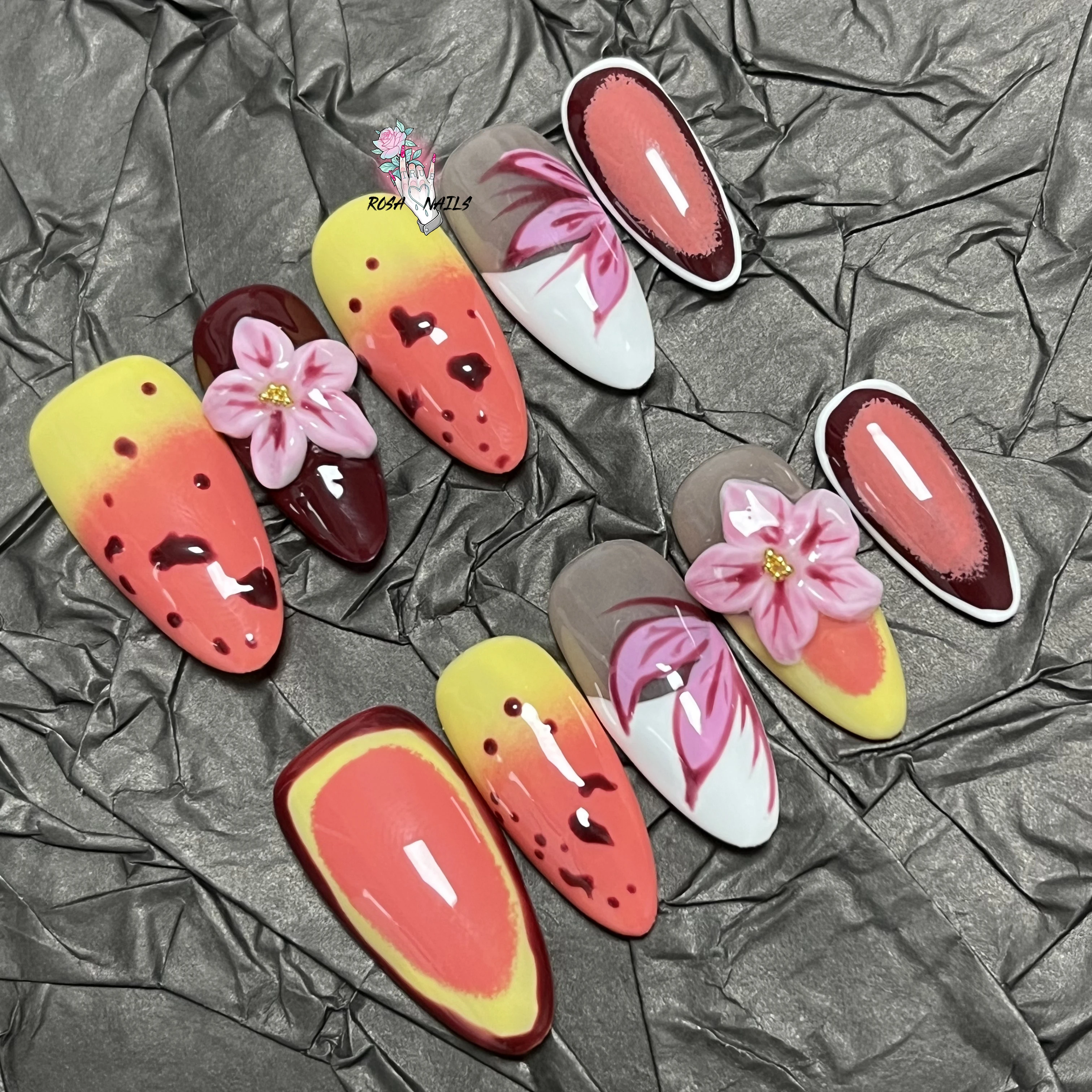 

Autumn 3D Flowers 10pcs Handmade Almond Press On Nails Glossy Red Pink French Style Fake Nail Tips 3D Flower Designs False Nails