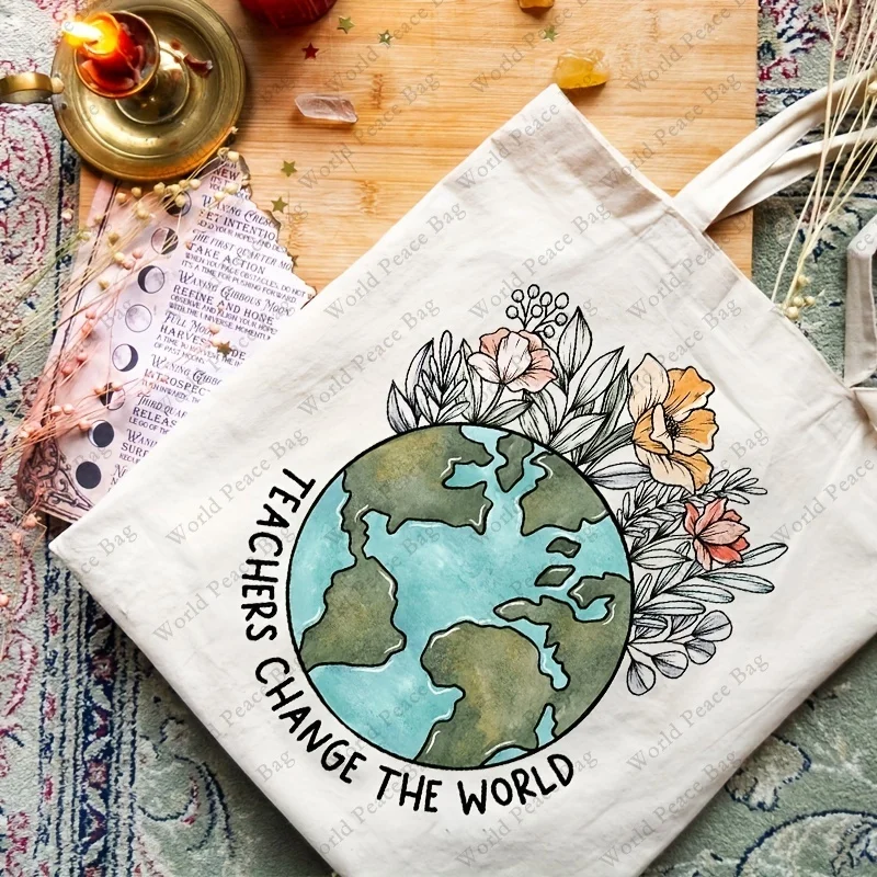 Teachers Change The World Shopping Bag, Casual Canvas Shoulder Bag Reusable Foldable Storage Tote Bag Handbag, Gift For Teacher