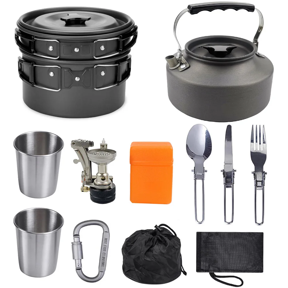 

Portable Teapot Pot and Kettle Tableware Set, Outdoor Camping, Picnic Travel, 2-3 People, Cooker Combination,A770