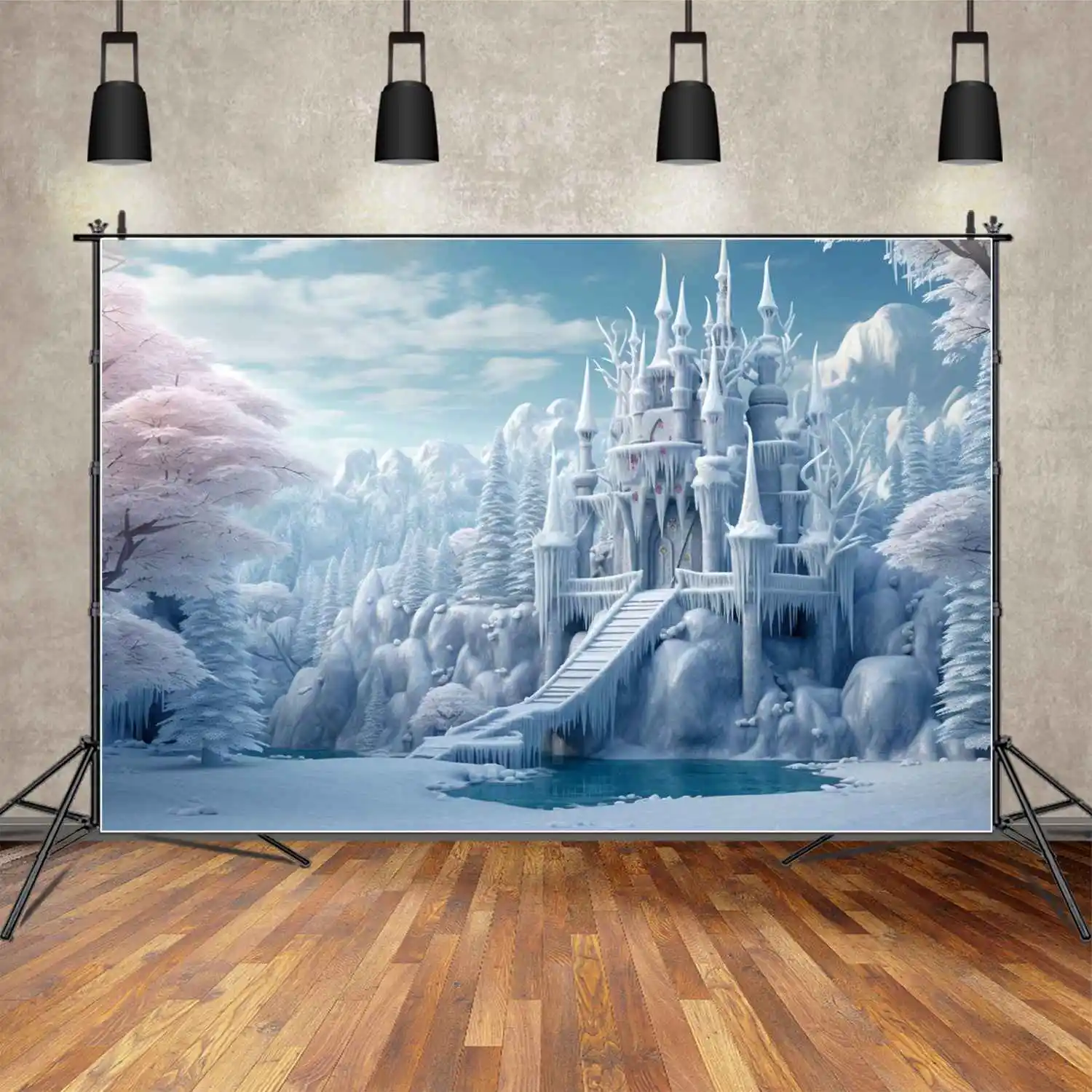 MOON.QG Photography Backdrop Children\'s Birthday Snow Frozen Queen Princess Castle Wall Backgrounds Mountains Forest Photo Booth