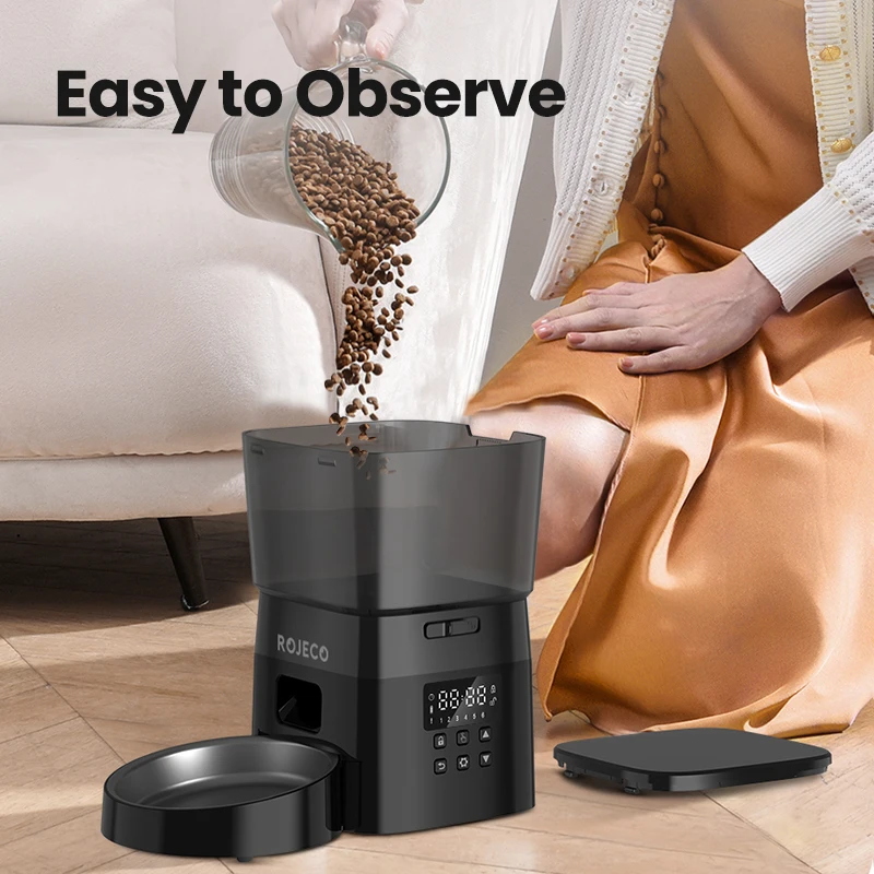 ROJECO Automatic Dog Feeder Smart Food Kibble Dispenser for Pet Cats Auto Food Storage Container Button Version Dog Feeding Bowl