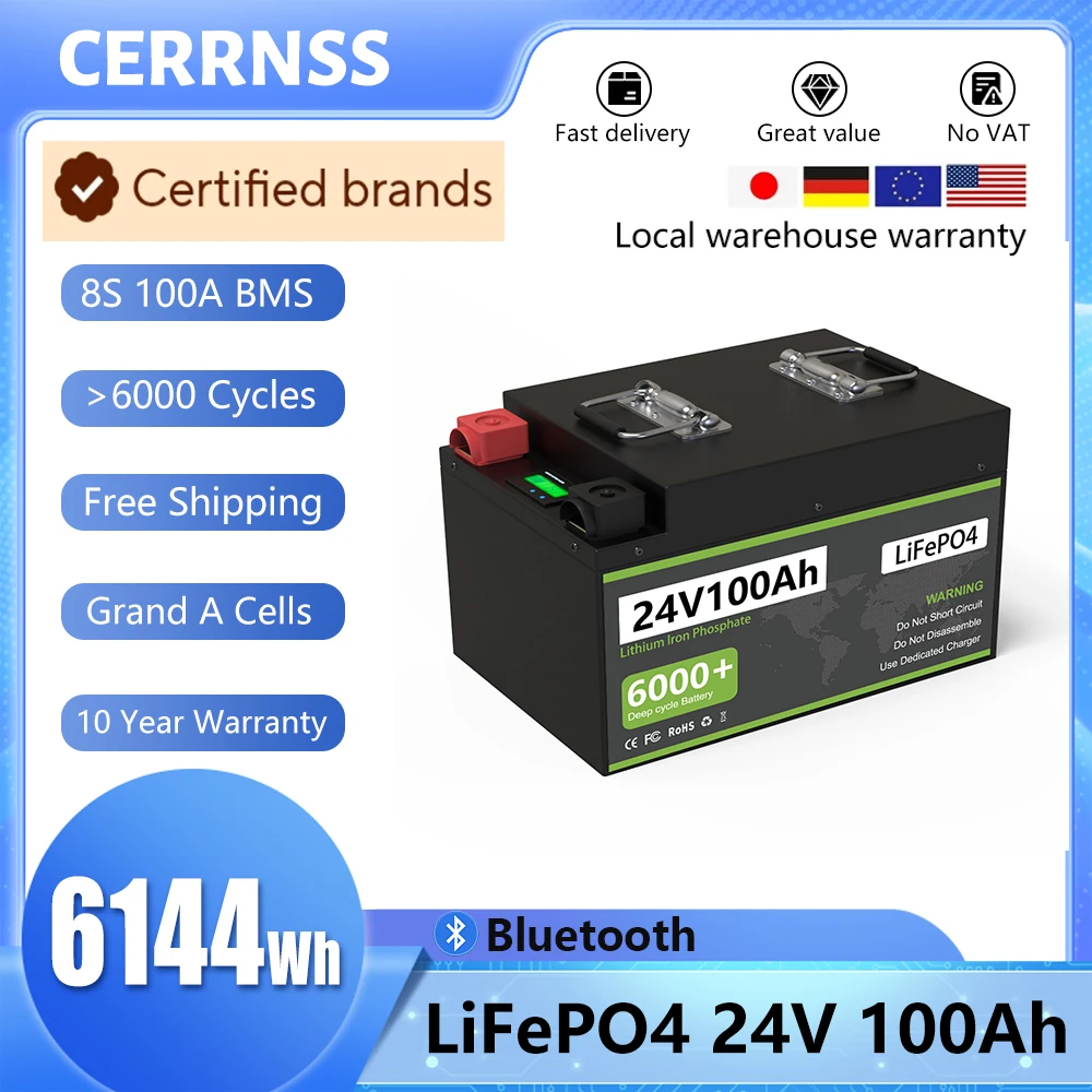 

LiFePO4 24V 100AH 200AH Battery Pack 25.2V Lithium Solar Battery 6000+ Cycle With Bluetooth BMS Grand A Cells For RV Boat NO TAX