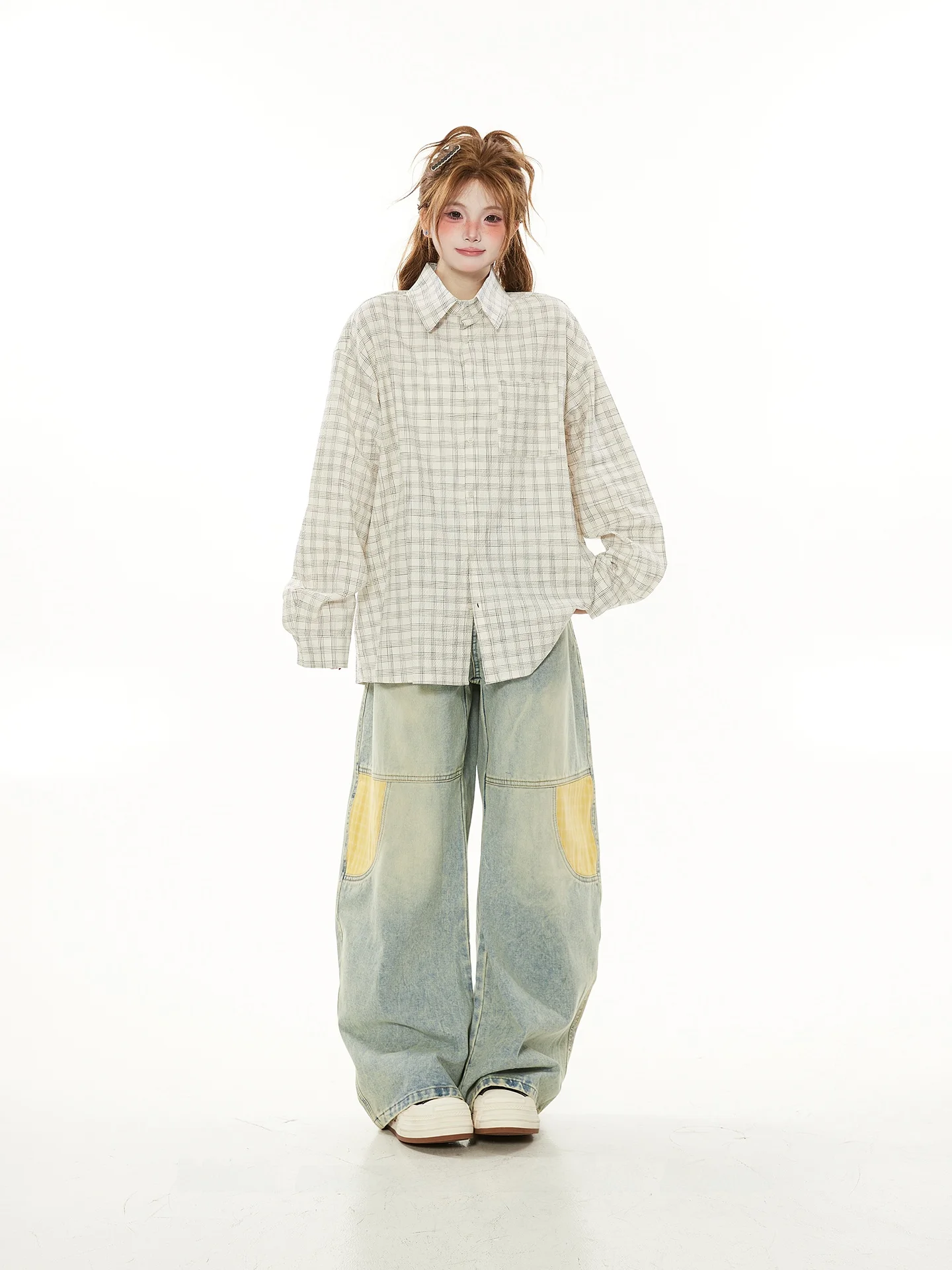 

Японская повседневная клетчатая рубашка с длинным рукавом для женщин, весенне-осенняя новинка, свободный крой, универсальная, для работы и повседневной носки, рубашка-куртка для пар