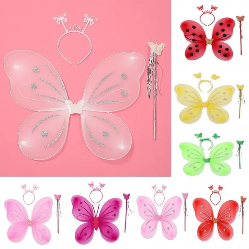 3 Pcs/Set Summer Photography Outfit Kids Butterfly Headband Wings Wand Girls Children Yellow Green Purple Pink Fairy Tale Props