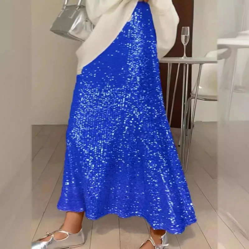 

2024 New Faion Sequin Elastic High Waist Elastic Drapey Midi Skirt Long Skirt Women's Loose Fit Korean Sle