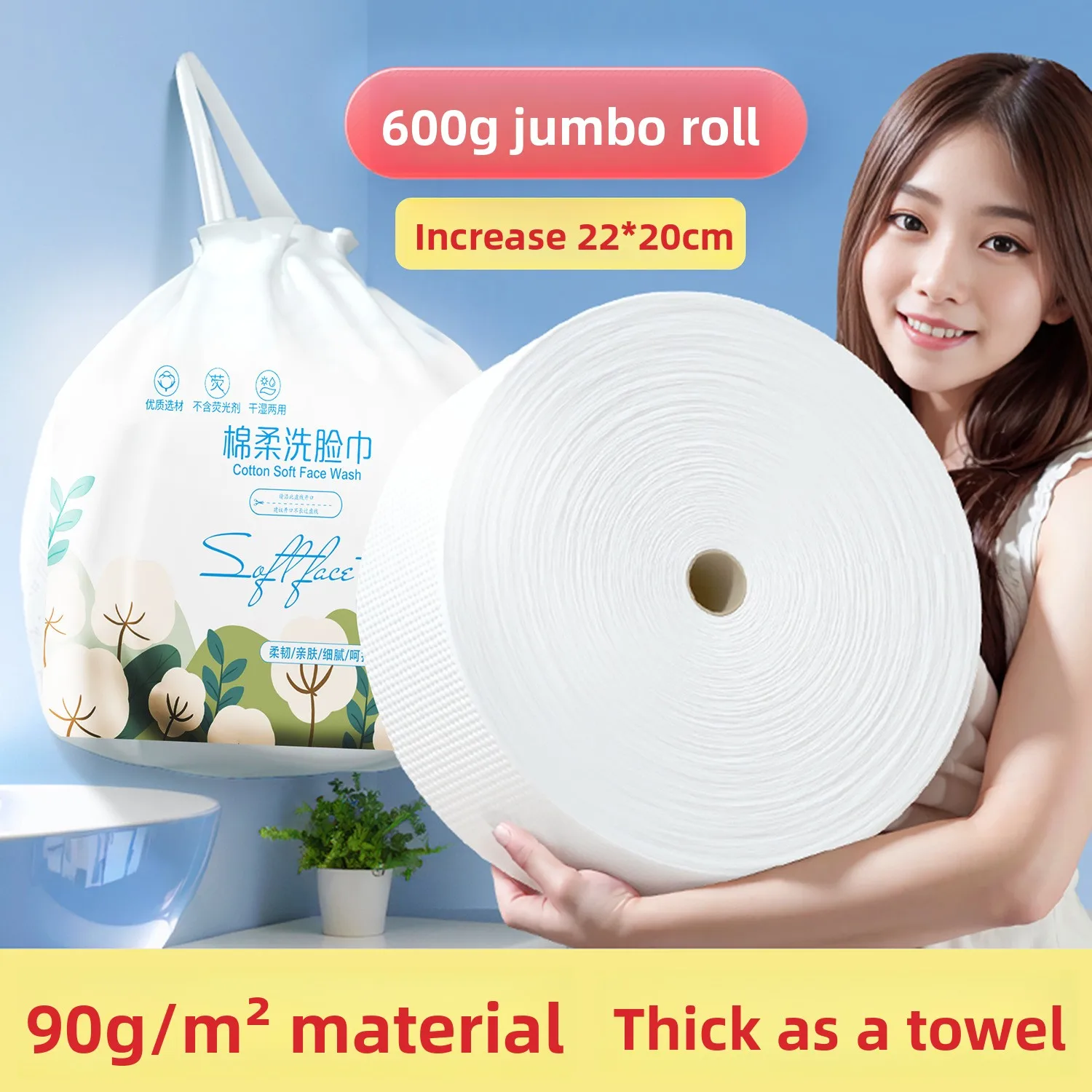 Disposable Facial Wipes, Thickened and Extra-Large Cleansing Wipes, Large Roll Pack, Salon-Grade Wipes, Makeup Remover Wipes