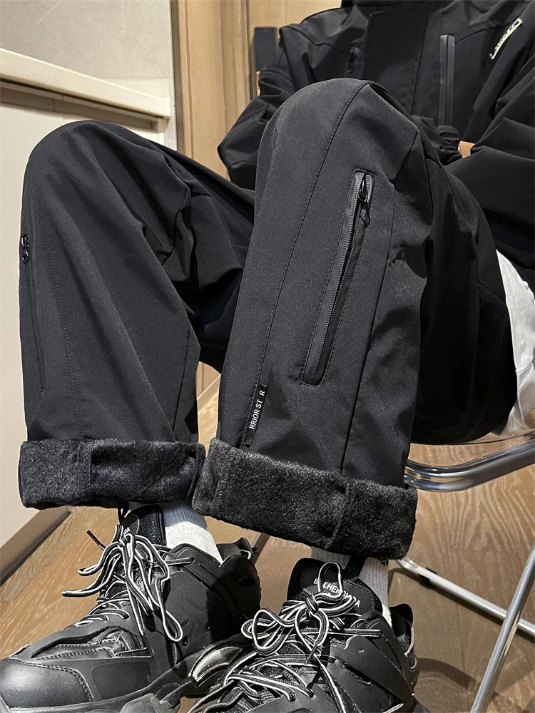 Men's Thickened Fleece Lined Waterproof Snow Skiing Workwear Trousers Three-in-One Windproof Autumn Winter Casual Pants