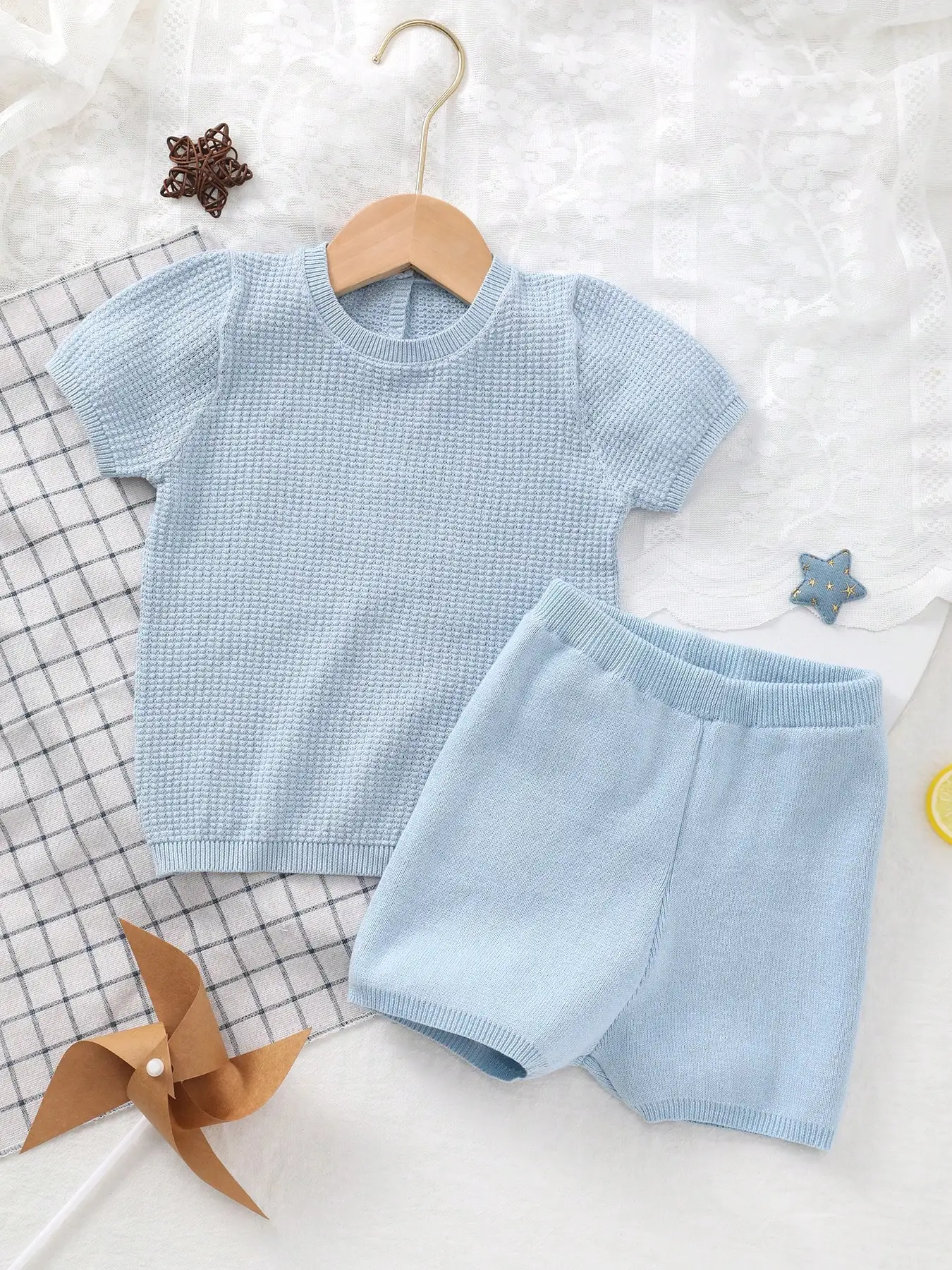 Baby Boy's Summer Fresh Solid Color Knitted Round Neck T-Shirt + Matching Solid Color Casual Shorts