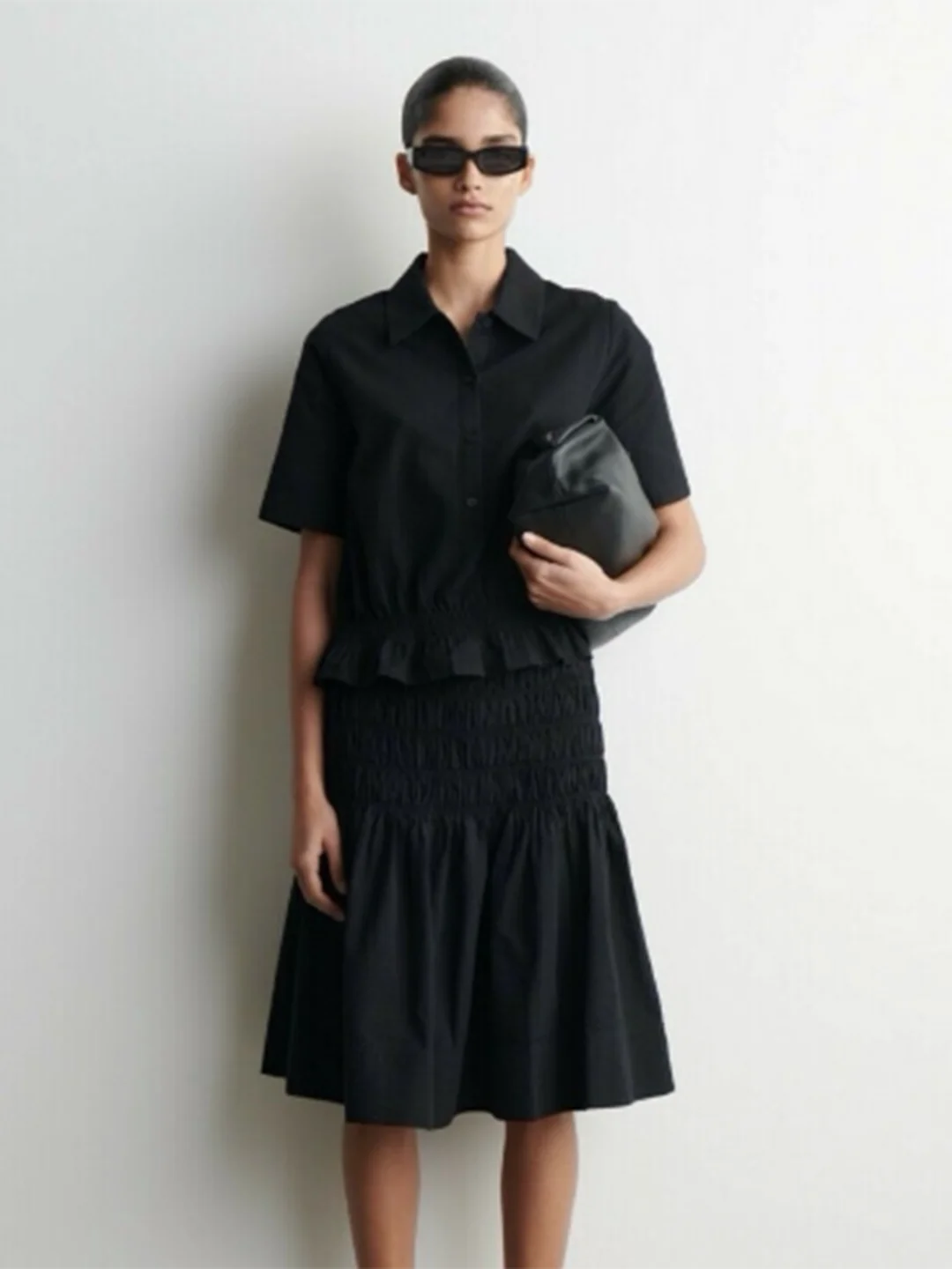 

Casual Faion Bla Dr Women's irt ort Sve Gathered Waist Slimming New Spring Summer Collection