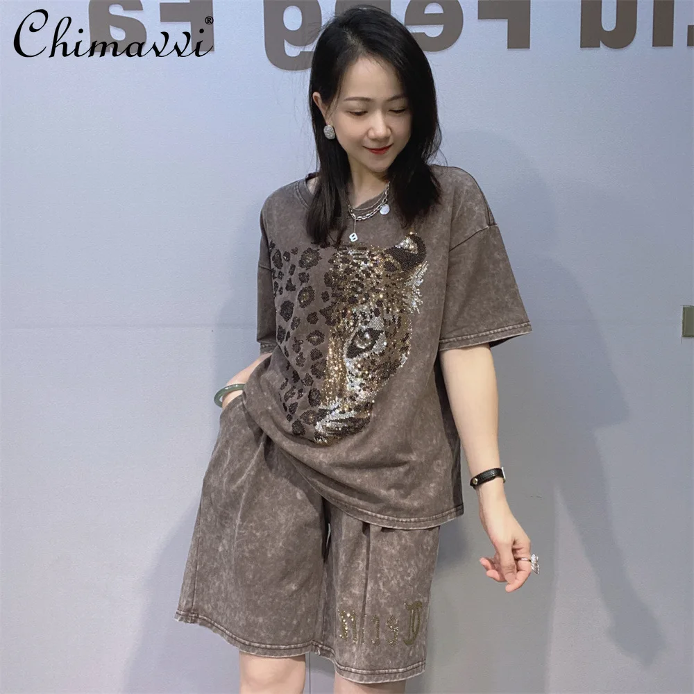 

Summer New Fashion Tie-dye Washed Distressed Short-sleeved Shorts Couple Suit Heavy Hot Diamond Streetwear Women's Two-piece Set