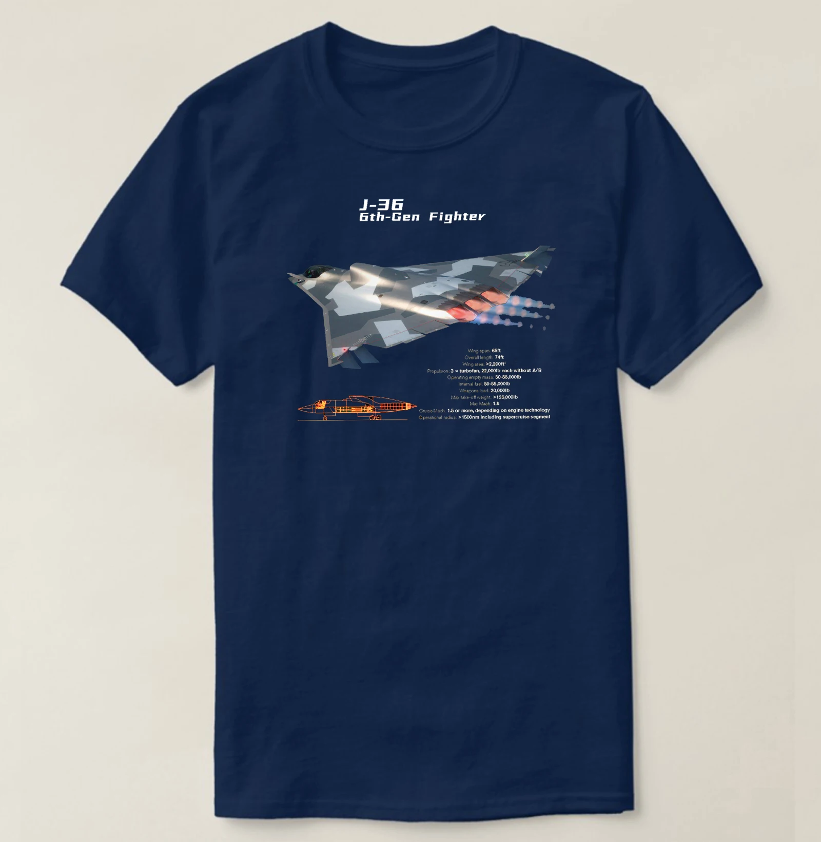 China 6th Gen CAC J-36 Tailless Stealth Fighter Aircraft T-Shirt O-Neck Short Sleeve Casual Mens