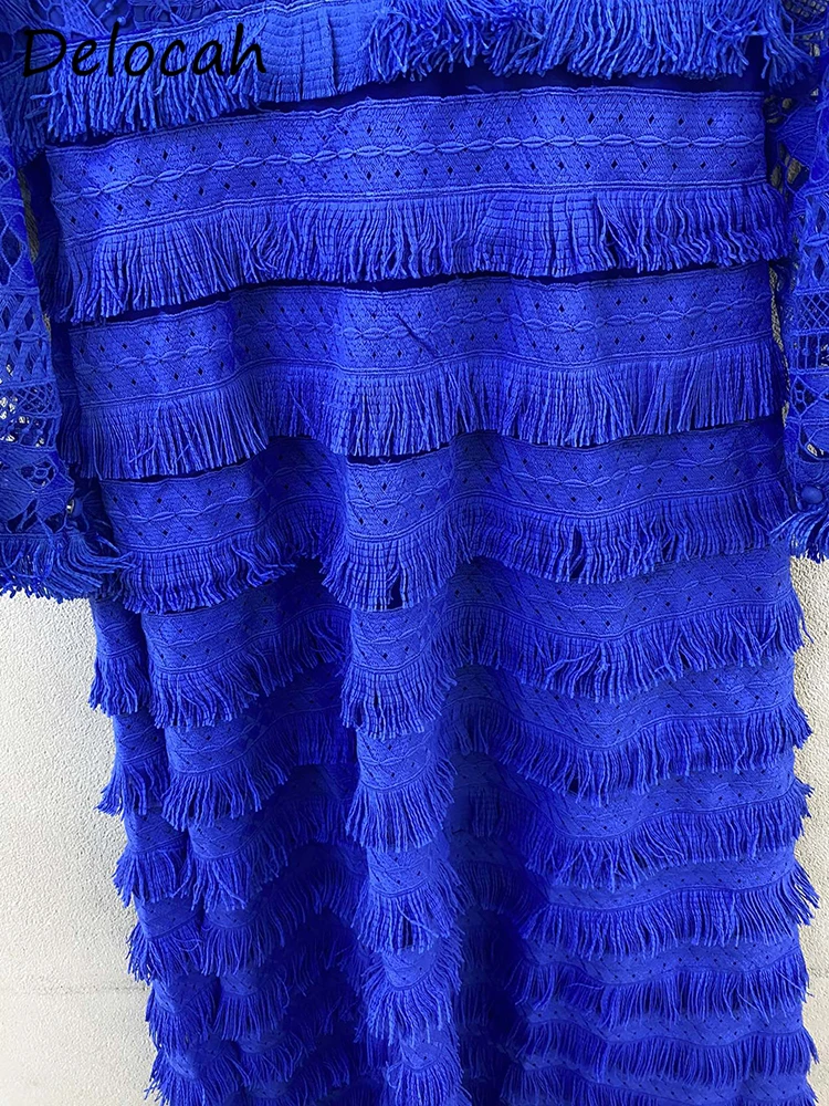 Delocah – robe de soirée mi-longue pour femmes, de haute qualité, à manches lanternes, bleu, ajouré, avec pompon, garniture de gâteau, automne