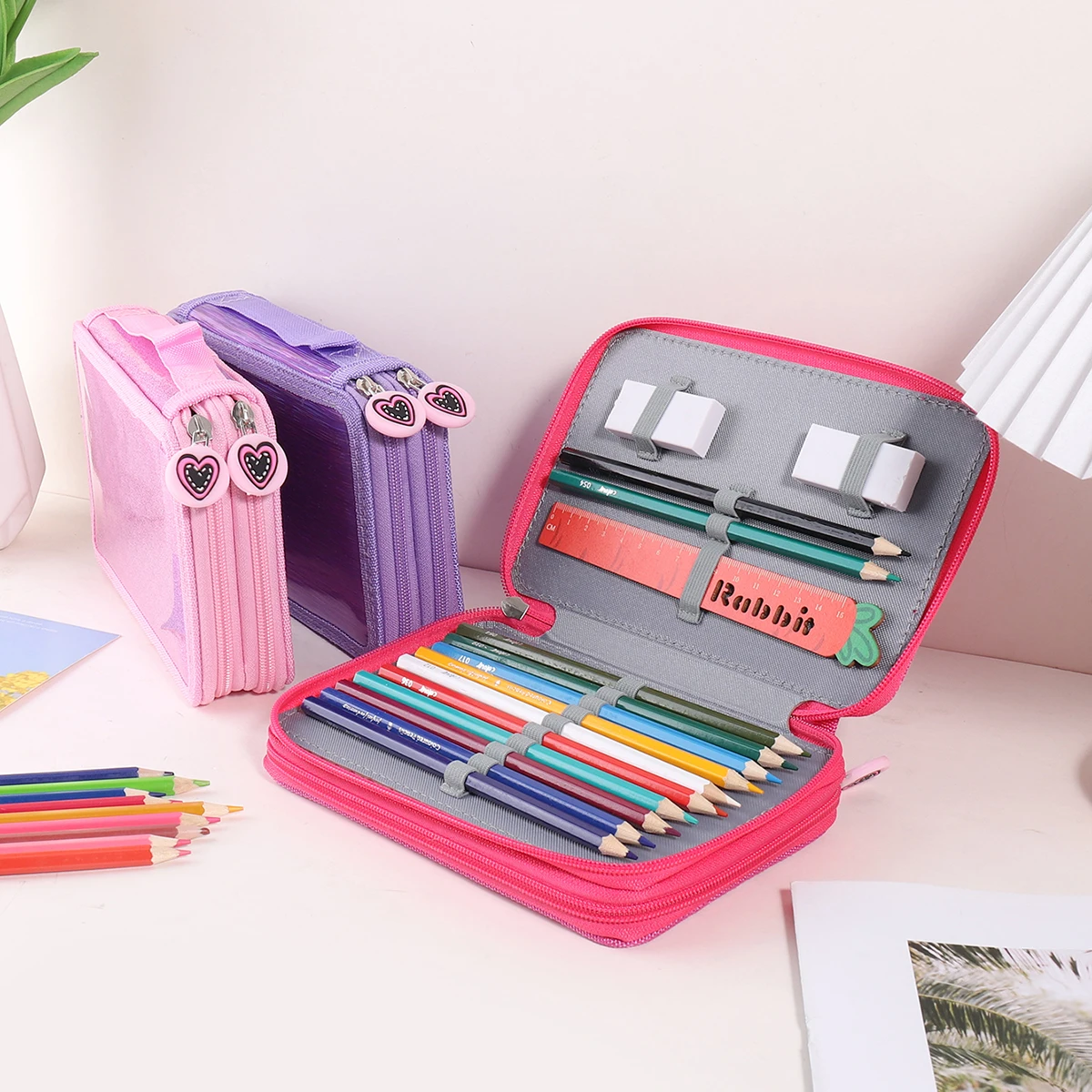 Glossy double-layer heart-shaped zipper design pencil case, portable and stylish school supplies for students, pencil storage