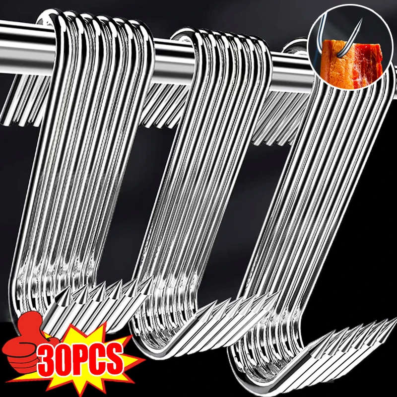 10/20Pcs Stainless Steel S Hooks with Sharp Tip Utensil Meat Clothes Hanger Chicken BBQ Hanging Hooks Home Kitchen Baking Tools