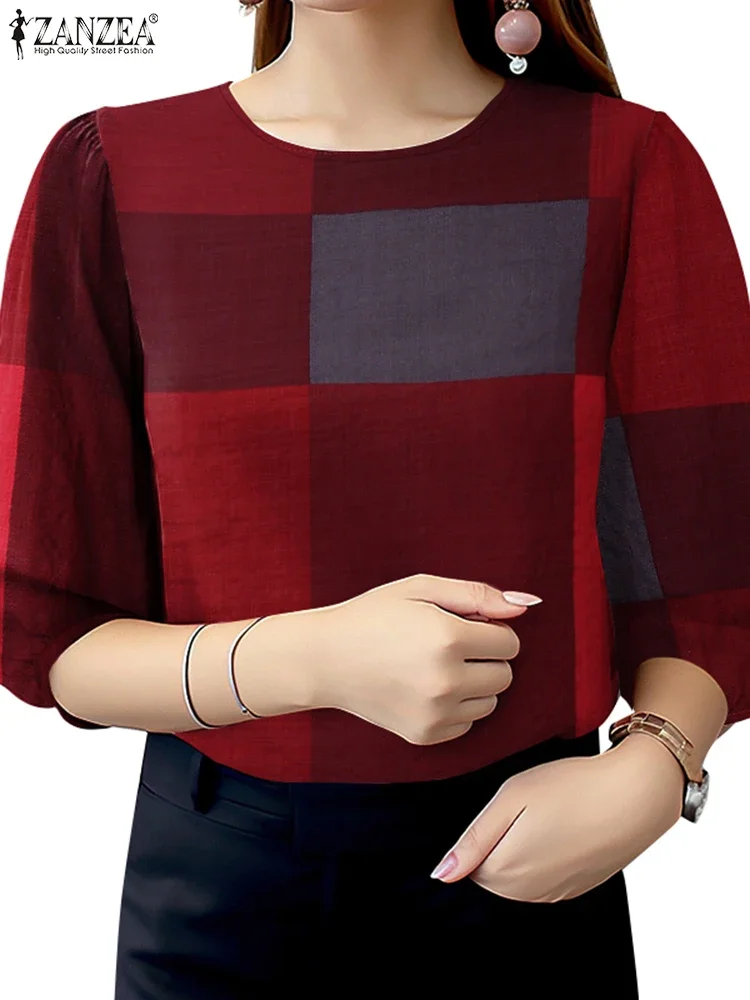 ZANZEA femme Vintage grandes chemisiers à carreaux élégant col rond 3/4 manches bouffantes coton mélange Blusas Mujer été jour porter trajet hauts