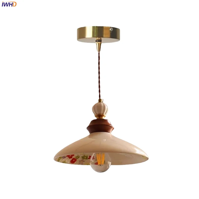 

IWHD Hand-Painted Ceramic LED Hanging Lamps Bedrooom Bathroom Loft Home Lighting Wood French Vintage Pendant Lighting Luminaria