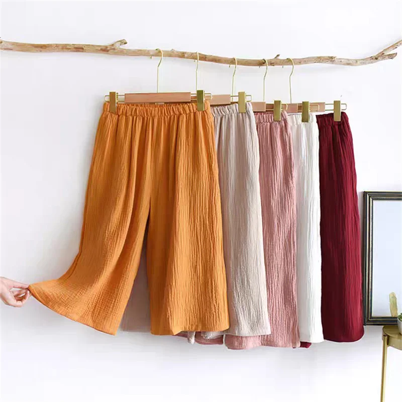 

Forest Style Cropped Pants for Women Summer Breathable Double-layer Cotton Home Clothes Solid Color Loose Pants Plus Size