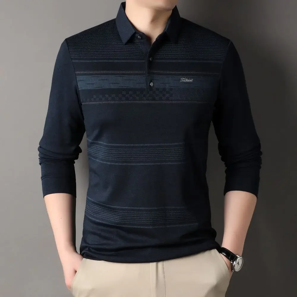 Men's Business Leisure POLO-Shirt 2024 New Mid aged and Elderly Dad's Striped High-quality Long-Sleeved T-shirt W5869