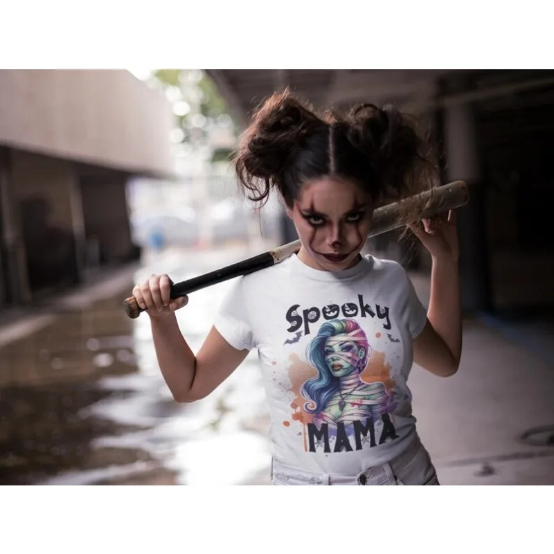 Halloween Color Mummy Spicy Girl Print Short Sleeved Women's Retro Horror Style Loose T-shirt Top