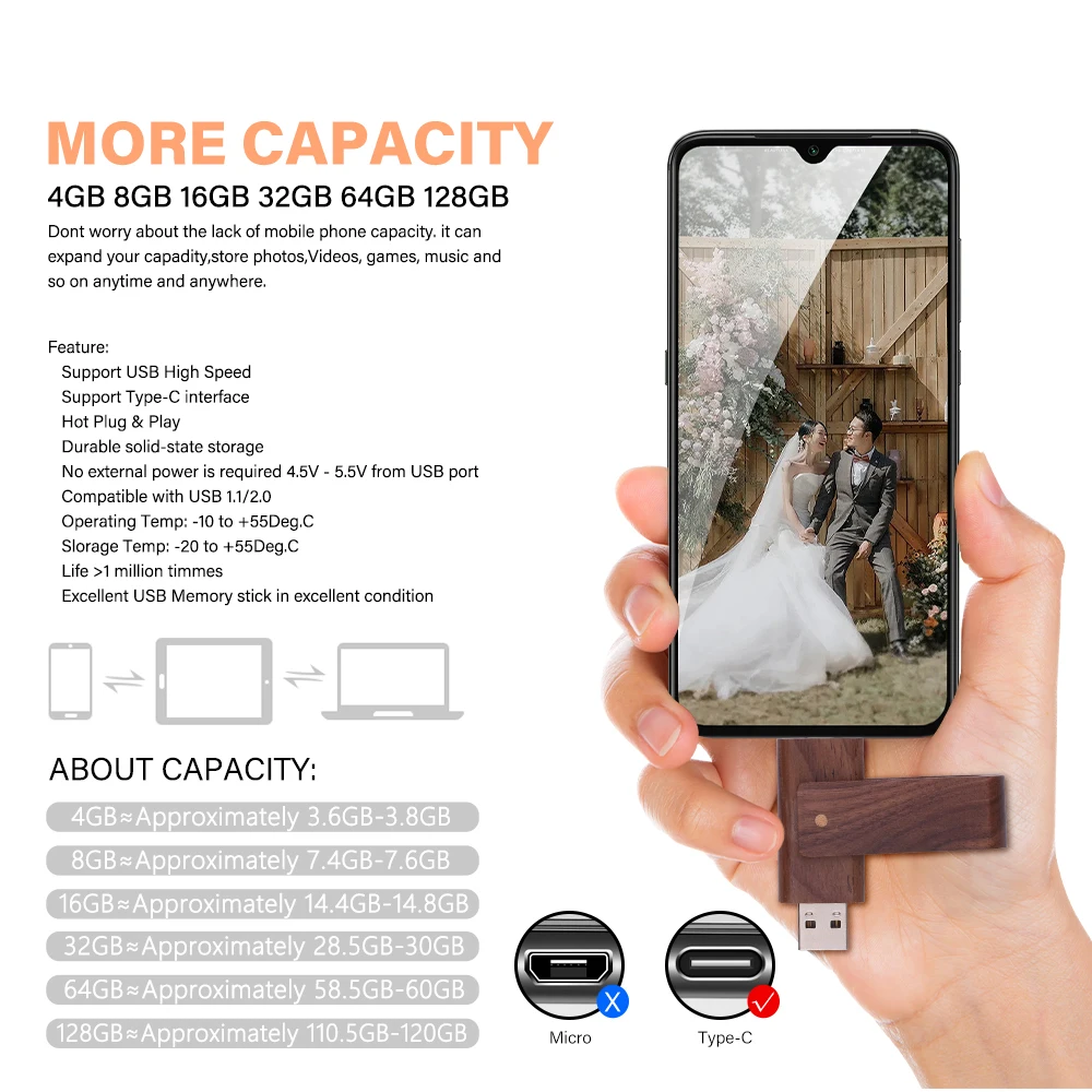 Pen Drive de madera, memoria externa para teléfono inteligente, MacBook, tableta, 64GB, OTG, 128GB, tipo C, USB 2,0, 32GB