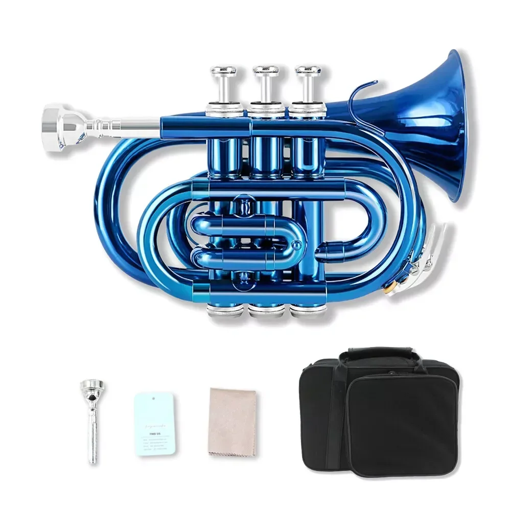 Yinfenteyinfente Blue Color Bb Brass Pocket Trumpet With Case Mouthpiece Cleaning Cloth Gift Kit Nice