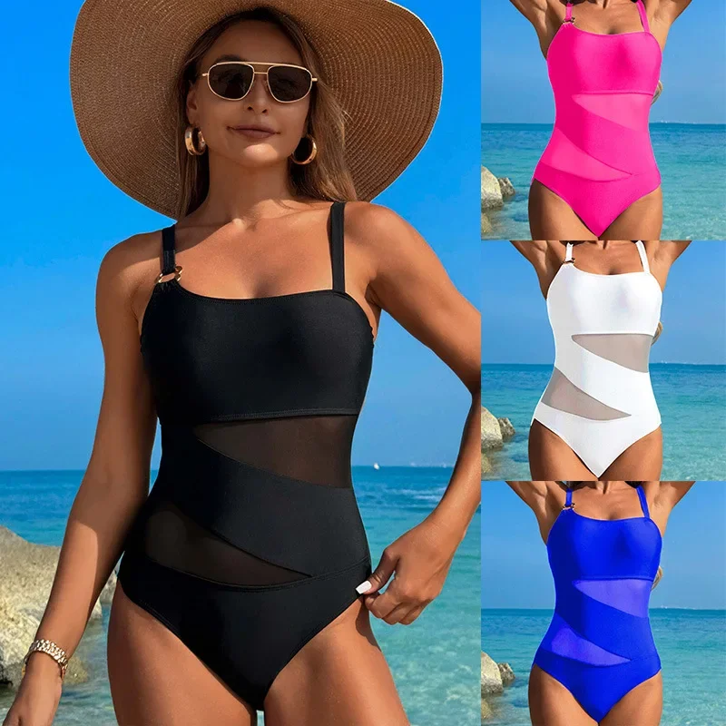 

2025 New Sexy Mesh Solid Swimwear Women One Piece Swimsuit Female Bodysuits Bathing Suit Beachwear Swimming Suit Bathers