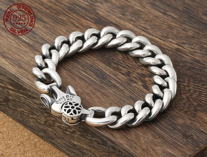 

Punk style 925 sterling silver vintage Cherry Blossom men's rugged bracelet Hipster accessories wide face fashion accessories