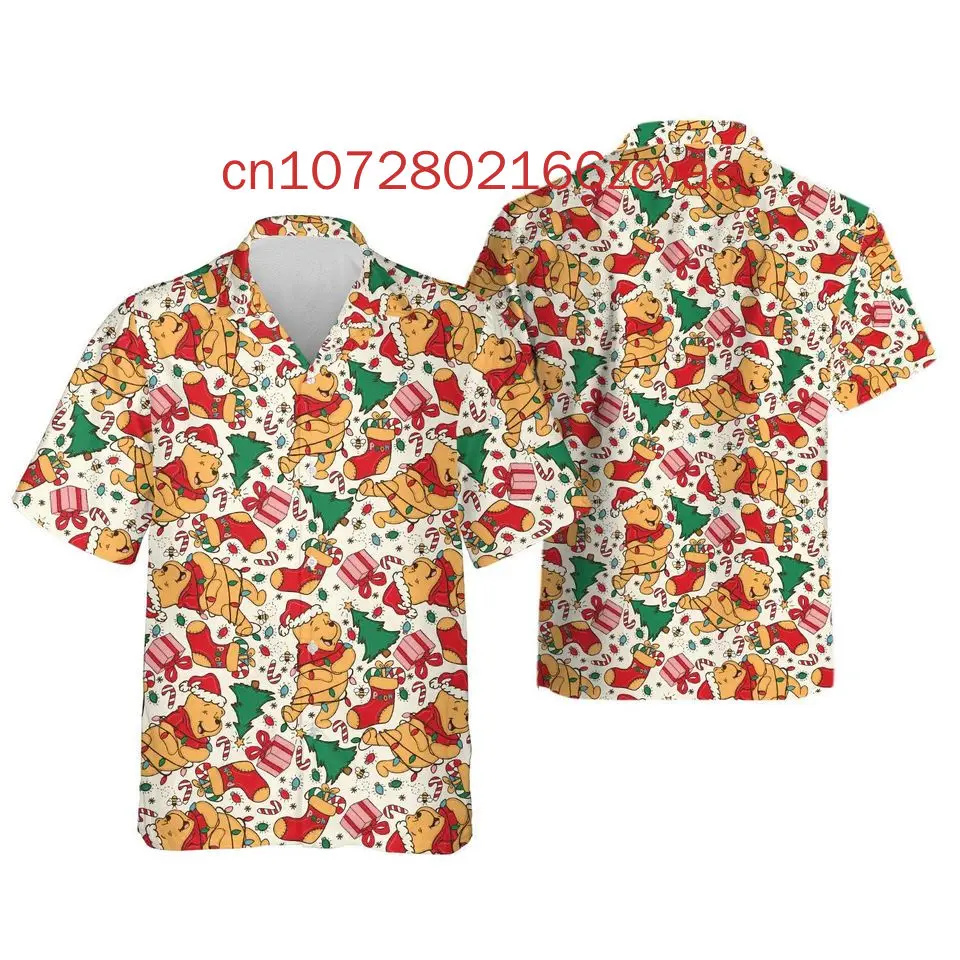 2024 New Disney Christmas Hawaiian Shirt Winnie The Bear Men's And Women's Short Sleeve Button Up Shirt