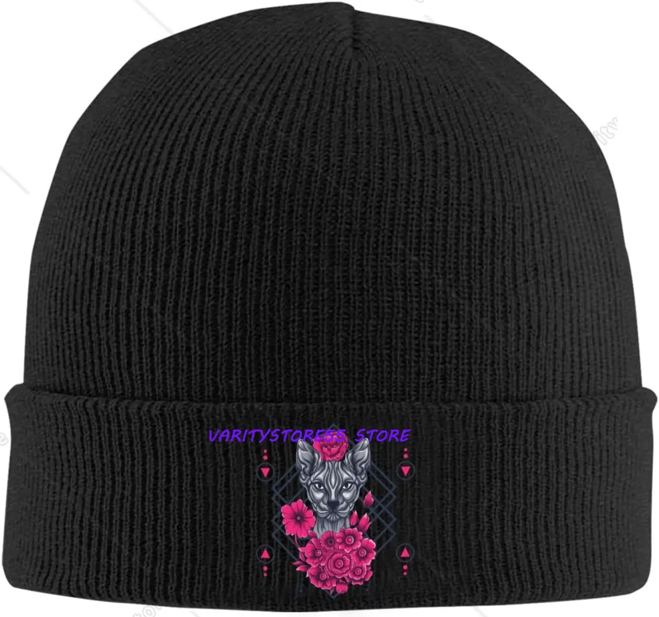 Cat with Geometry Background Beanie for Men Women Winter Knit Hats Cuffed Skull Cap Ski Hat