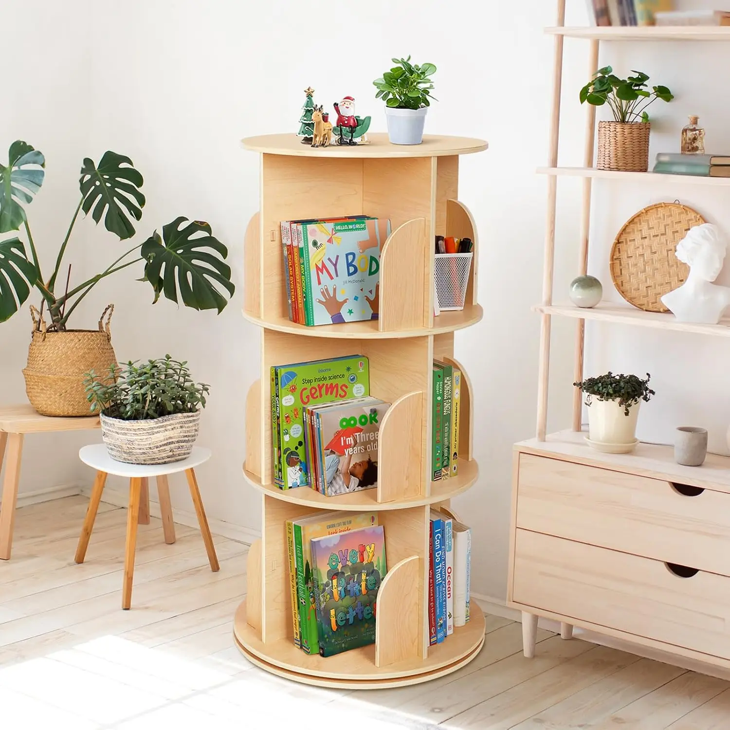 Tier 3 Corner Spinning Bookshelf Wooden Floor Standing 360 Display Small Space Kids Room Nursery Living Room Bookcase