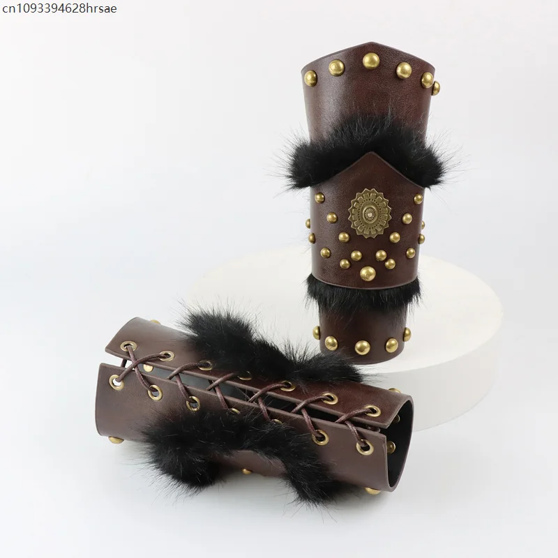 1Pcs Medieval Viking Knight Fur Wristband PU Leather Fur Trim Arm Armor Gauntlet Lace-Up Bracers Renaissance Cosplay Props