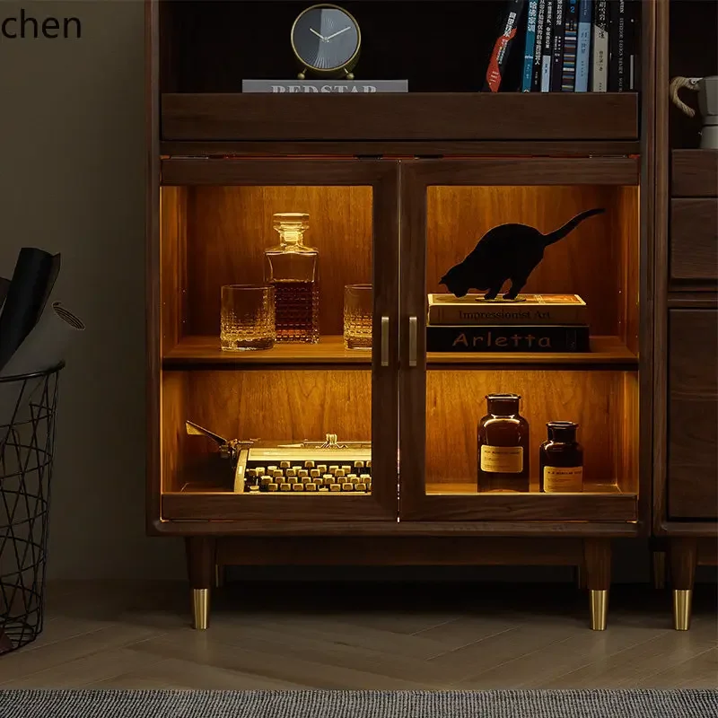 YFY  Solid Wood Wine Cabinet Black Walnut Modern Minimalist Living Room Display Cabinet Glass Storage Side Cabinet