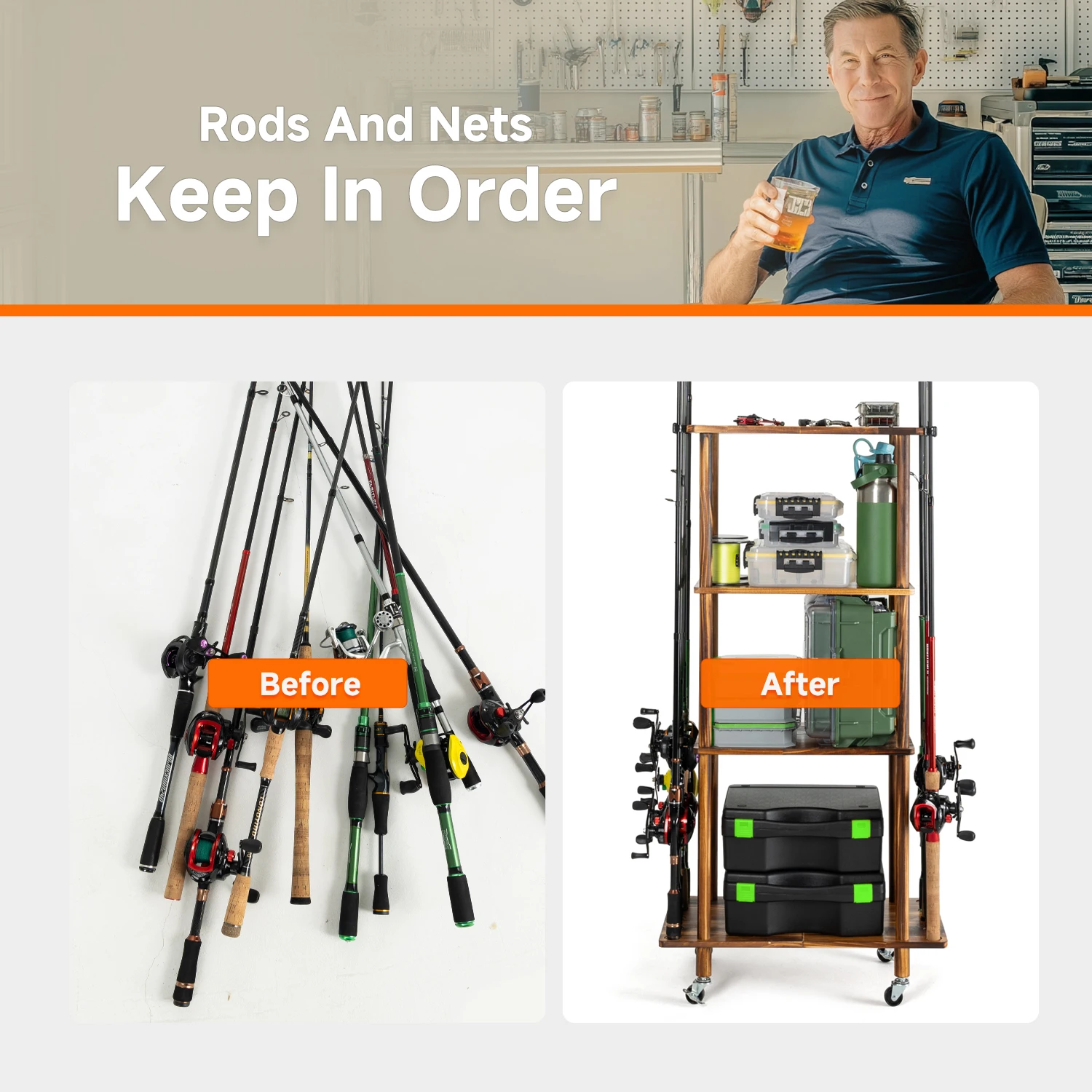 Cylindrical Floor Standing Fishing Rod Holder - Vertical Pole Rack for Tackle Storage