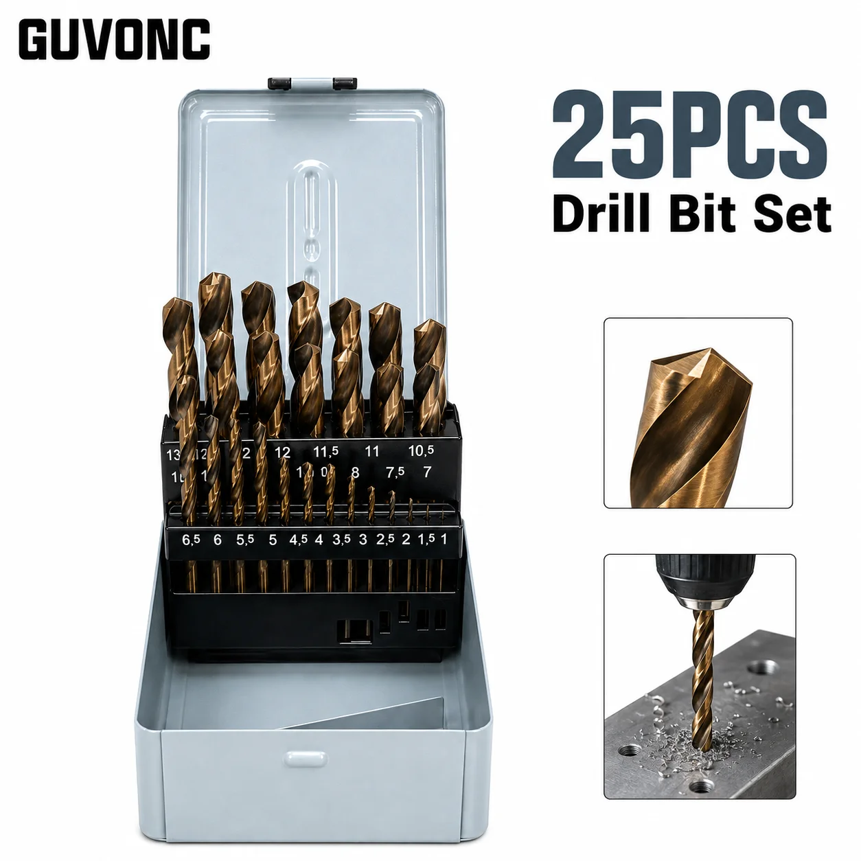 25本組-hss-ツイストドリルビットセット-1‑13mm-135-°-スプリットポイントストレートシャンクドリルビット、金属製収納ケース付き、木材・金属・アクリル用